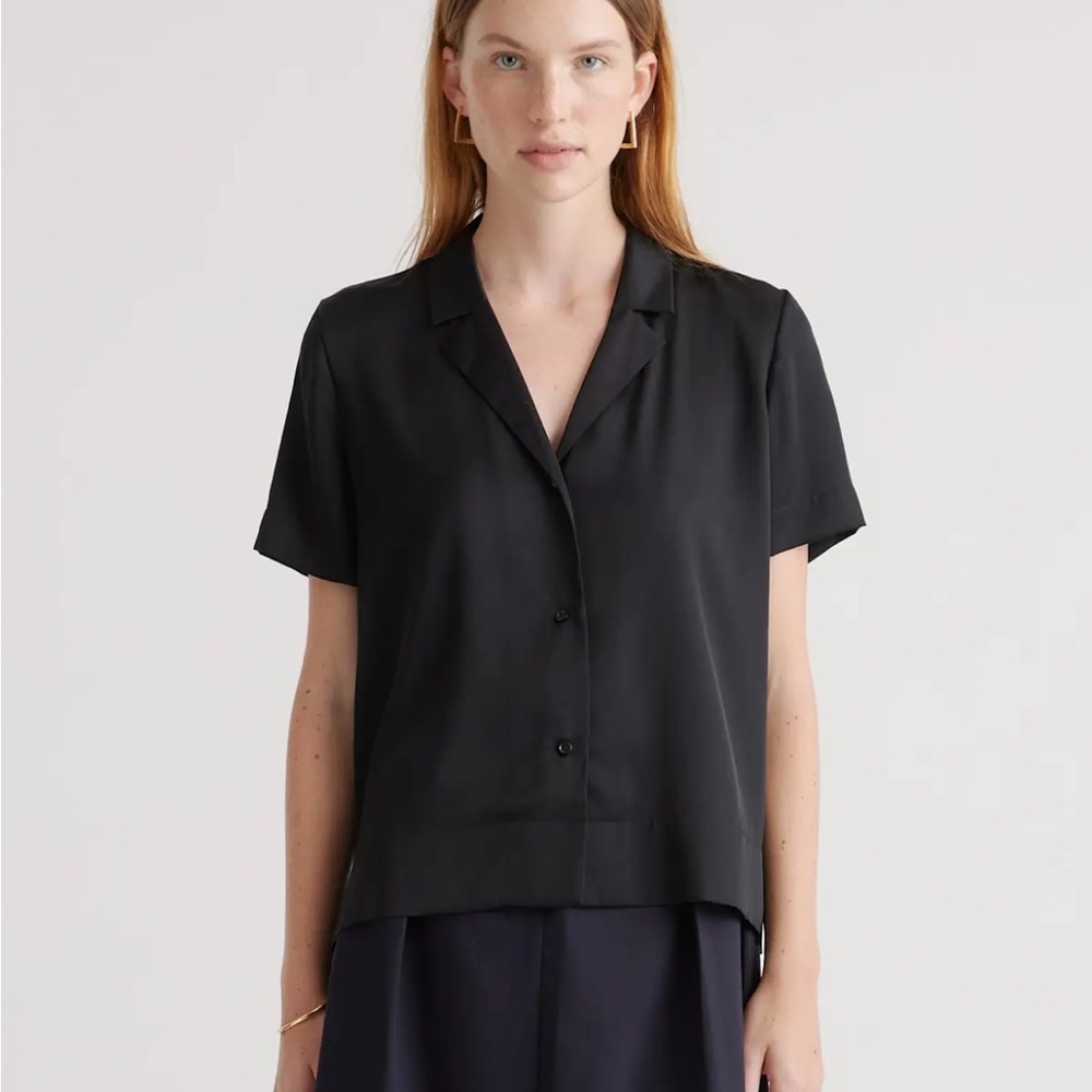 Quince Washable Stretch Silk Short Sleeve Notch Collar Blouse